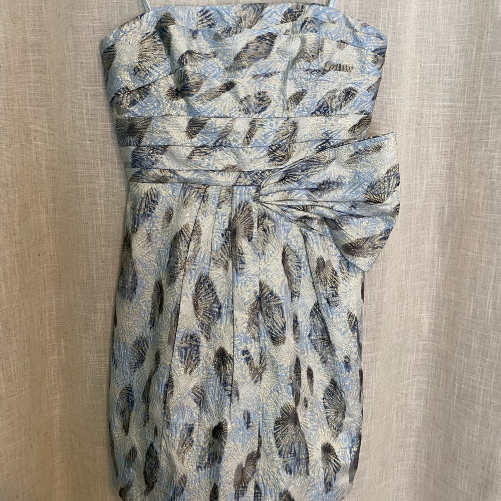 BCBGMaxAzria Gray and Blue Ruched Strapless Cocktail Dress